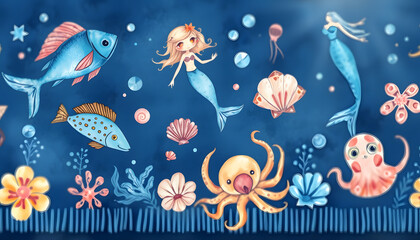 Seamless border pattern of blue hand painted fairy tale sea animals and mermaid. Watercolor fantasy fish, octopus, sea shells, bubbles on a dark indigo background. Batik fringe, textile print isolat