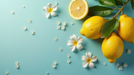 Fresh lemons with beautiful decorations on a blue background, created with Generative AI technology, decor leaf plant spirituality and healthy vitamin symbol traditional organic food holiday fruit