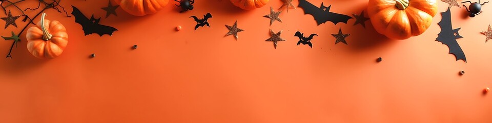 Orange table surface, Halloween flat lay with pumpkins, stars, bats, copy space for greeting card.