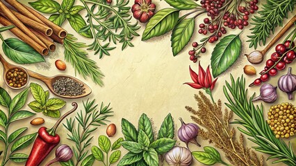 Obraz premium Vintage Hand-Drawn Herbs and Spices Frame Design for Kitchen Decor