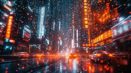 Fototapeta premium A bustling city street illuminated by neon lights, showcasing the vibrant nightlife and dynamic atmosphere typical of an Asian metropolis.