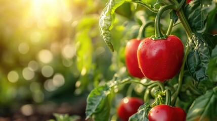 Red bell peppers grow on a vine. This image is perfect for showcasing fresh produce and a healthy lifestyle.