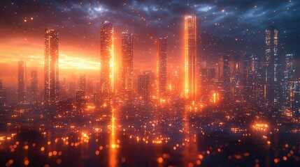 Fototapeta premium A stunning view of a futuristic city skyline illuminated by sunset hues, with towering skyscrapers and a vibrant atmosphere. An awe-inspiring urban landscape.