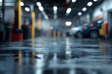Fototapeta premium Wet floor with reflections, blurred background. This image can be used for various purposes, such as illustrating the concept of wet surfaces, car maintenance, or a rainy day.
