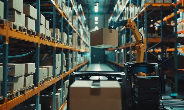 A warehouse interior with shelves filled with boxes, showcasing an organized storage space.