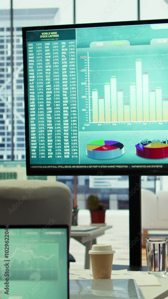 Poster vertical video in a professional boardroom, computer screen showcases business data and statistics, 