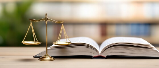 A balanced scale and an open law book on a wooden table, symbolizing justice and legal knowledge, blurred library background.
