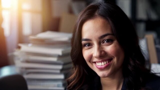 A young woman and smiles warmly at the camera during a video call. Her eyes are bright and welcoming, and she greets her partner with a gentle nod