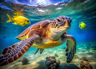 Fototapeta premium Vintage Style Photography of a Green Turtle with Yellow Remora in the Red Sea of Egypt