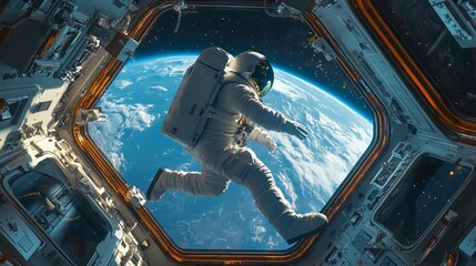 Astronaut Floating. Space Station. Earth View. Zero Gravity.