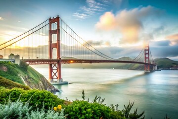Obraz premium Vintage Style Photography of Golden Gate Bridge at Sunset, Iconic Landmark in San Francisco