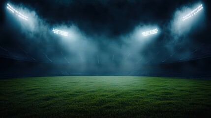 Naklejka premium A foggy soccer stadium illuminated by bright floodlights, showcasing a lush green pitch.