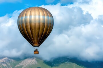 Fototapeta premium A majestic hot air balloon soaring through a blue sky with fluffy clouds and stunning mountain scenery in the background.