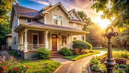 Fototapeta premium Vintage Style Real Estate Mortgage Concept with Classic Architecture and Warm Lighting