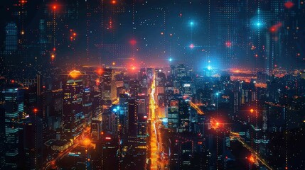 A vibrant cityscape at night, illuminated by lights and digital effects.