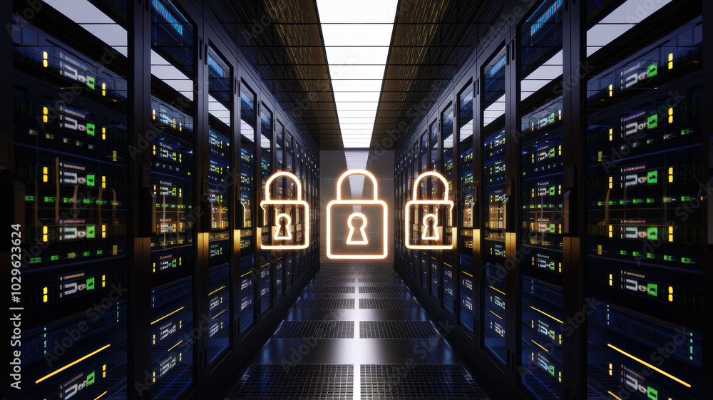 Poster data center view with digital locks representing cybersecurity concepts.