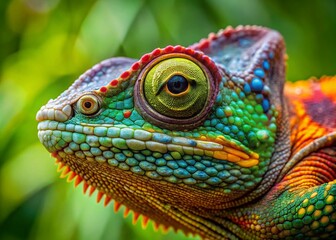 Naklejka premium Vivid Chameleon Close-Up on Green Background - Nature Photography