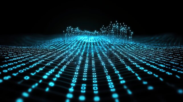 Abstract digital landscape with glowing blue binary code patterns on a dark background.