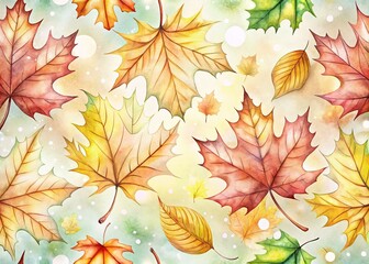 Watercolor Seamless Pattern of Hand-drawn Maple and Oak Leaves with Bokeh Effect for Nature and Fall Themes