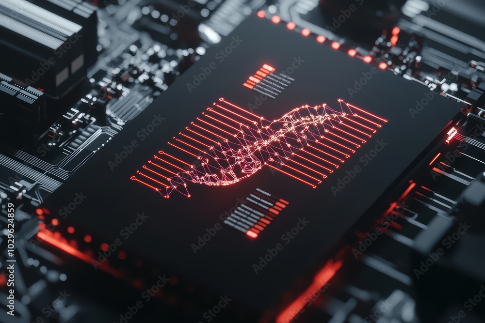 Poster close-up of a sleek microchip on a circuit board with glowing red elements, showcasing advanced tech