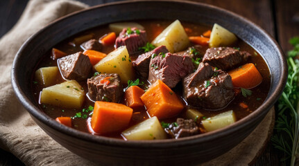 a rich and comforting beef stew, with tender beef chunks, carrots, celery, and potatoes in a deep, flavourful red wine broth, served in a rustic ceramic bowl
