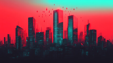 Fototapeta premium A stunning, futuristic city skyline with vibrant red and teal colors, showcasing tall skyscrapers and an urban landscape that captures the essence of modern architecture.