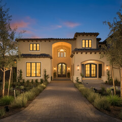 Obraz premium Luxury Home Exterior, Luxurious exterior of a newly built luxury apartment in the suburbs or in an area far from residential areas. Modern luxury resort apartment concept.