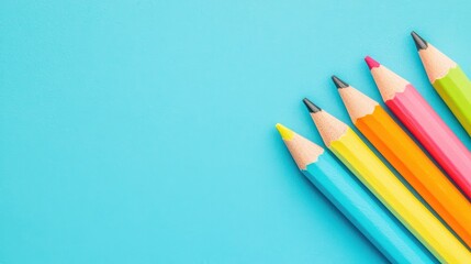 Fototapeta premium Colorful pencils arranged on a blue background, showcasing creativity and artistic expression.