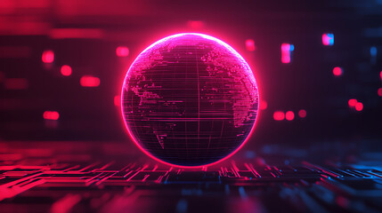 A vivid pink globe with digital grid patterns, set against a dark abstract background. Perfect for themes of innovation, technology, and global connectivity.