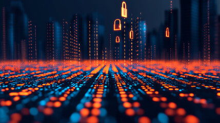 Obraz premium Abstract digital city with glowing binary codes and security icons, representing cybersecurity and technology advancement in a futuristic environment.
