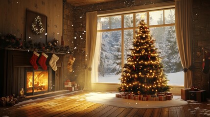 Christmas Tree by Fireplace. Cozy Living Room with Snow Falling Outside. Holiday Spirit.