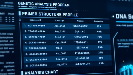 DNA code analysis visualization data, genome sequence ui screen, futuristic genetic engineering lab infographic interface, 3D biotechnology scan report dashboard, medical science technology backgound