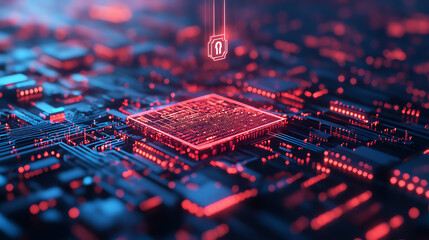 Abstract representation of a digital circuit board with glowing lights and security icons, showcasing advanced technology and cybersecurity themes.