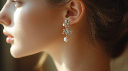 Ear adorned with a mix of pearl and silver earrings, soft lighting enhancing the shine