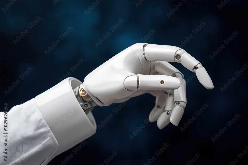 Poster exploring the intricate design of a robotic hand reaching out in a modern environment