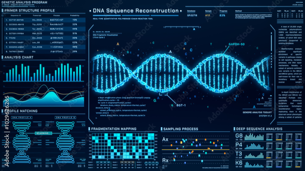 Poster dna helix analysis visualization data, genome sequence ui screen, futuristic genetic engineering lab