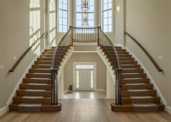 Fototapeta premium Foyer with curved staircase, high-class aristocratic architecture, royal interior, luxurious European style.