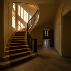 Obraz premium Foyer with curved staircase, high-class aristocratic architecture, royal interior, luxurious European style.