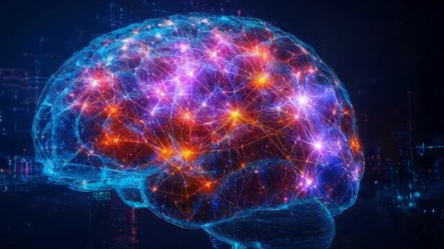 Digital brain with interconnected neural pathways and glowing nodes, representing artificial intelligence and technology. AI concept