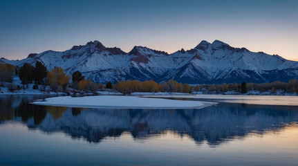 a image capturing the serene beauty of large, snow capped mountains during the blue hour