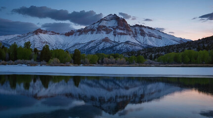 a image capturing the serene beauty of large, snow capped mountains during the blue hour