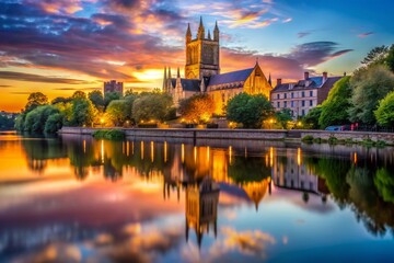 Fototapeta premium Worcester Cathedral Twilight Reflection in River Severn - Stunning Minimalist Photography