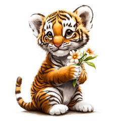Obraz premium Adorable Tiger with Flower, Vector Illustration, White Background
