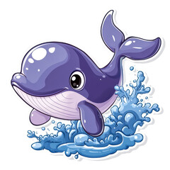 Baby Whale Splashing Water, Cartoon Style, White Background