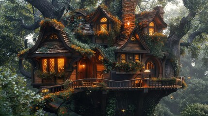 Fototapeta premium A whimsical treehouse adorned with greenery and warm lights, nestled in a lush forest.