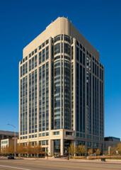Obraz premium Office building on a background of the blue sky, business complex, headquarters building of a large corporation