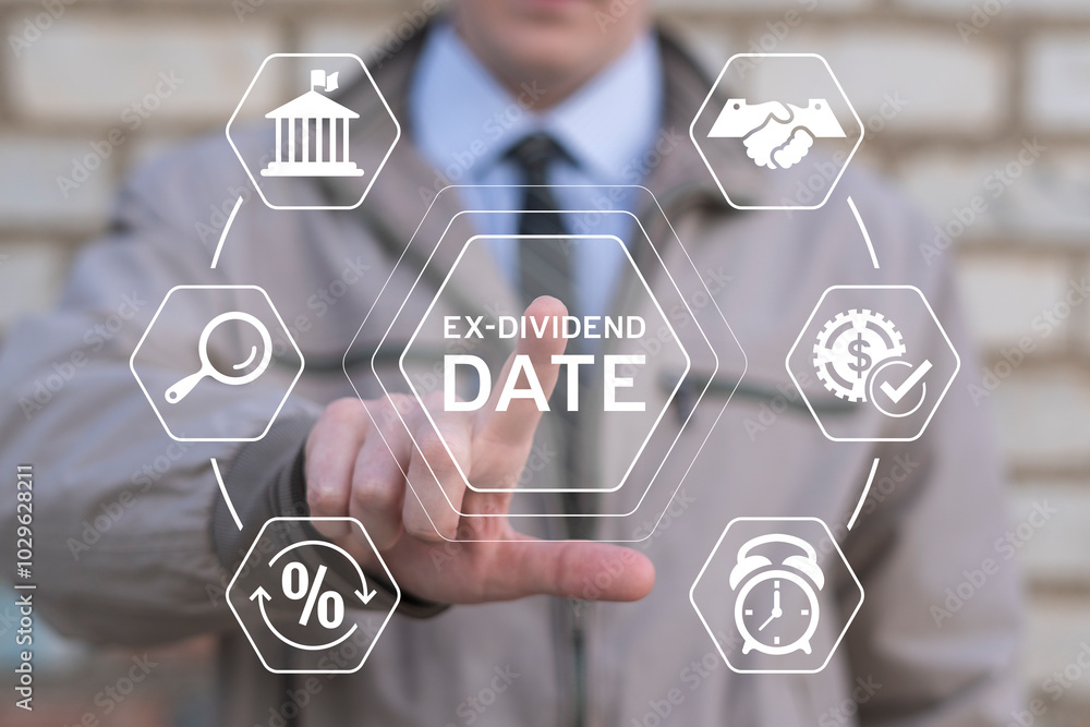 Poster business man using virtual touch screen presses text: ex-dividend date. ex-dividend - stock that is 