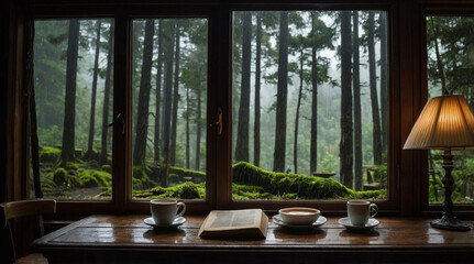 Fototapeta premium a cosy cabin window scene on a rainy day