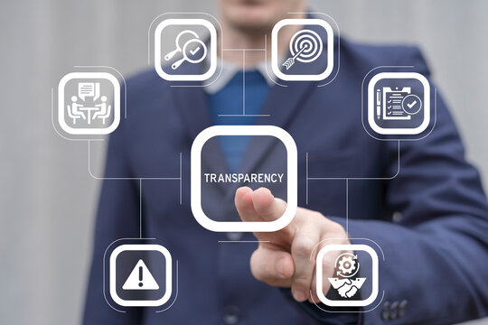 Man working on virtual touch screen presses word: TRANSPARENCY. Business Finance Transparency Concept. Honest and clean company. Financial, economical stats sharing, publication and presentation.