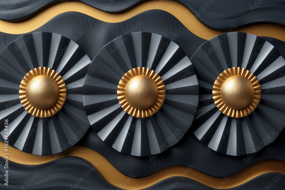 Poster the design showcases a series of three circular patterns with layered textures, accented by gold ele